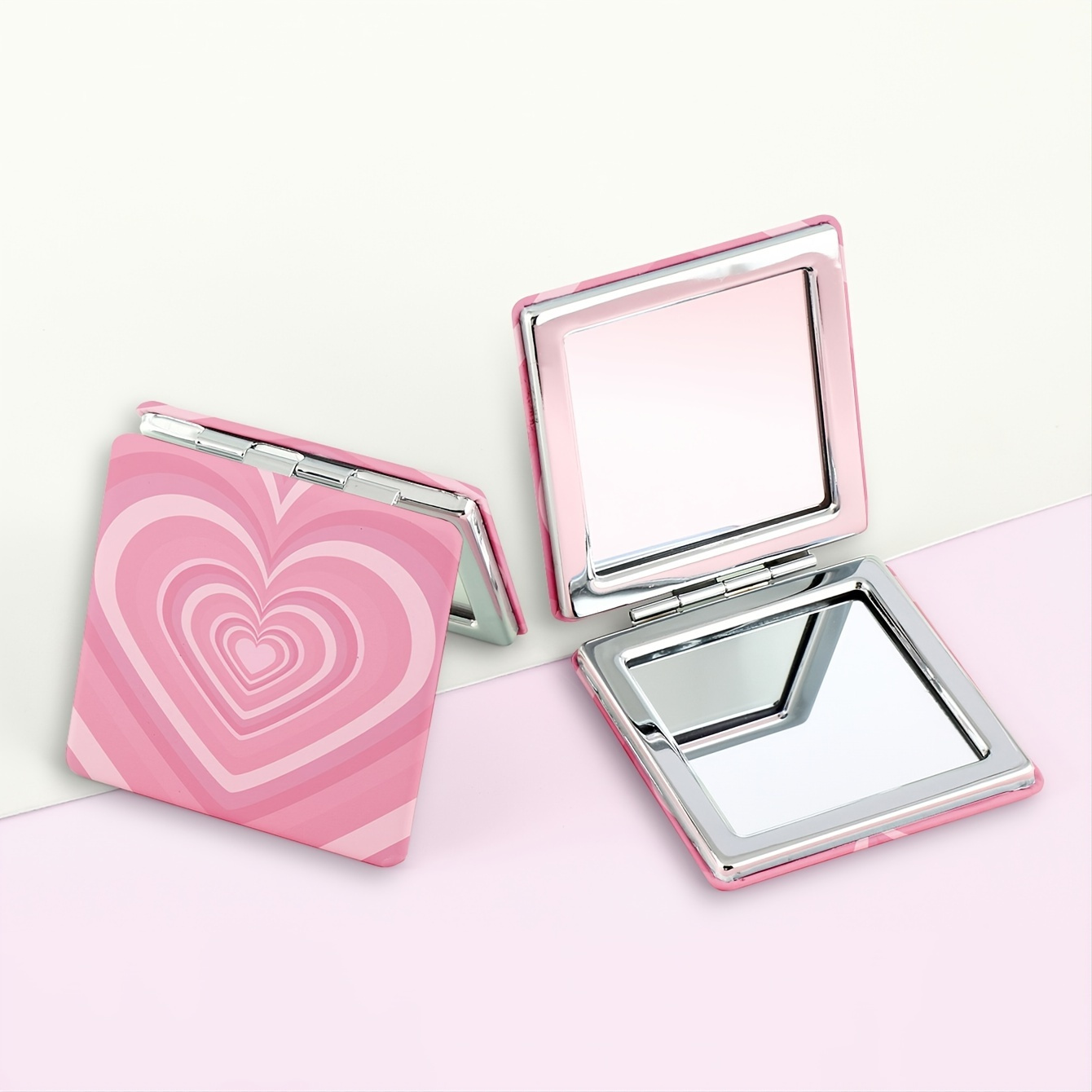 

1pc Heart Print Foldable Mirror Square Double-sided Makeup Mirror With Pink Heart Pattern Gift