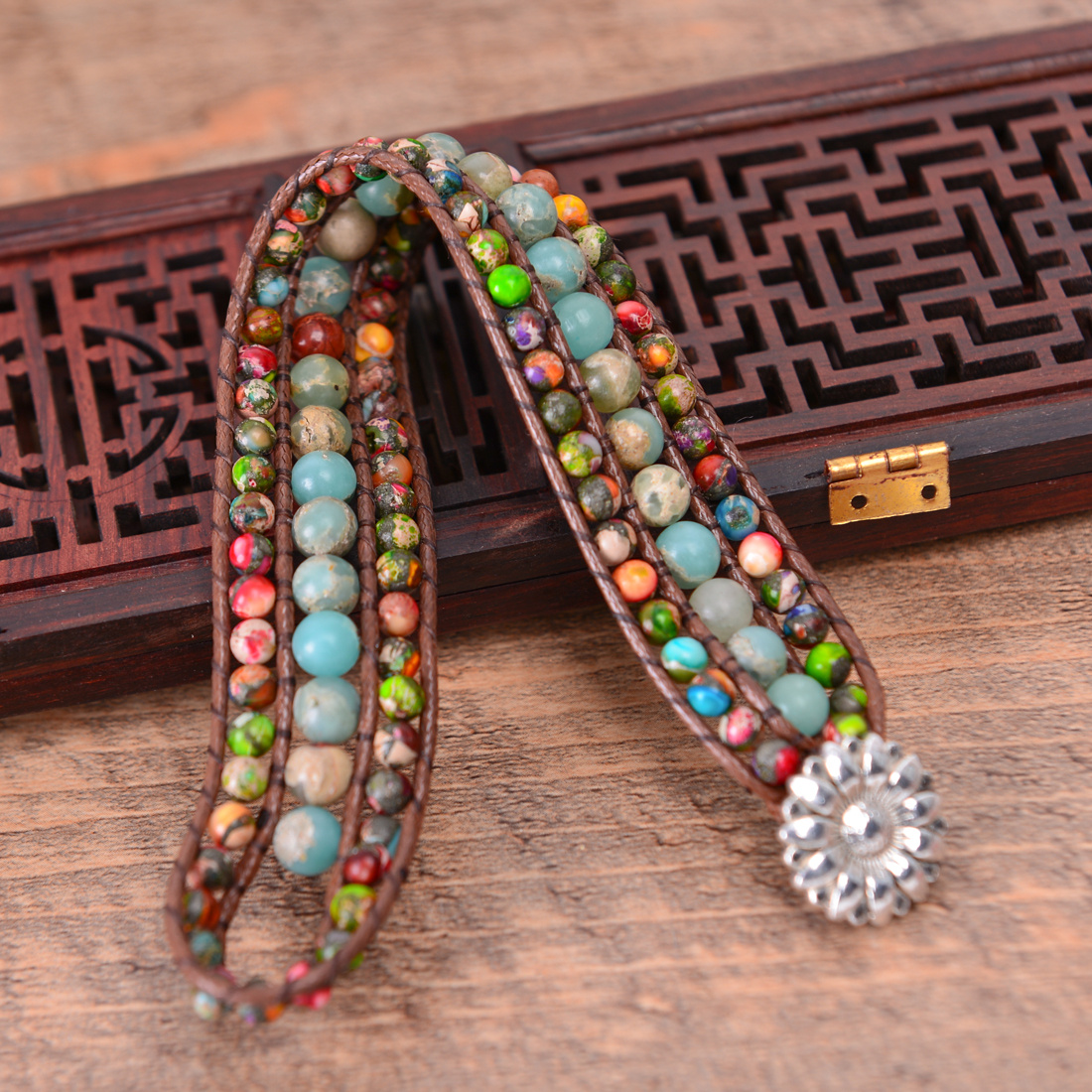 Colorful Beaded Bracelet Wrap Flower Charm Men