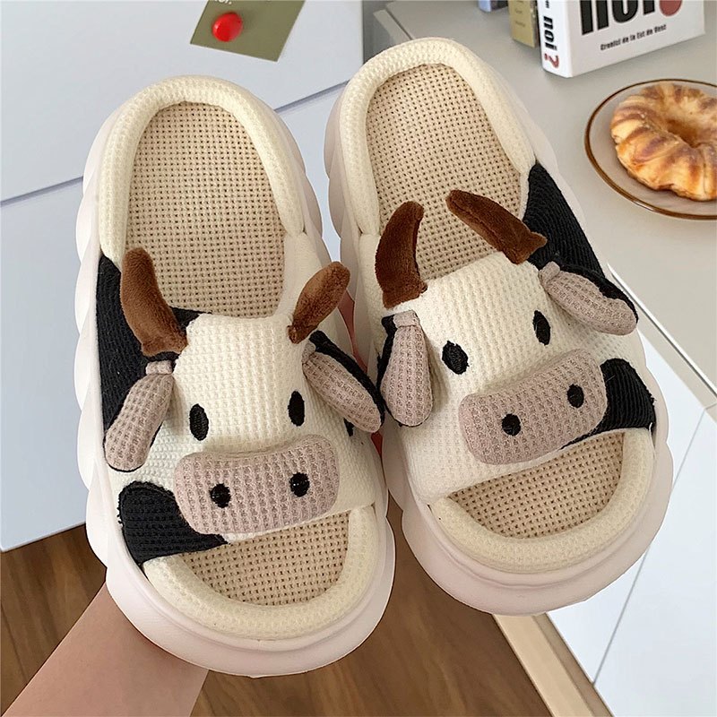 Image of Women's Cartoon Animal Cow Plush Slippers, Breathable Comfy Open Toe Slides, Anti-slip Home Shoes