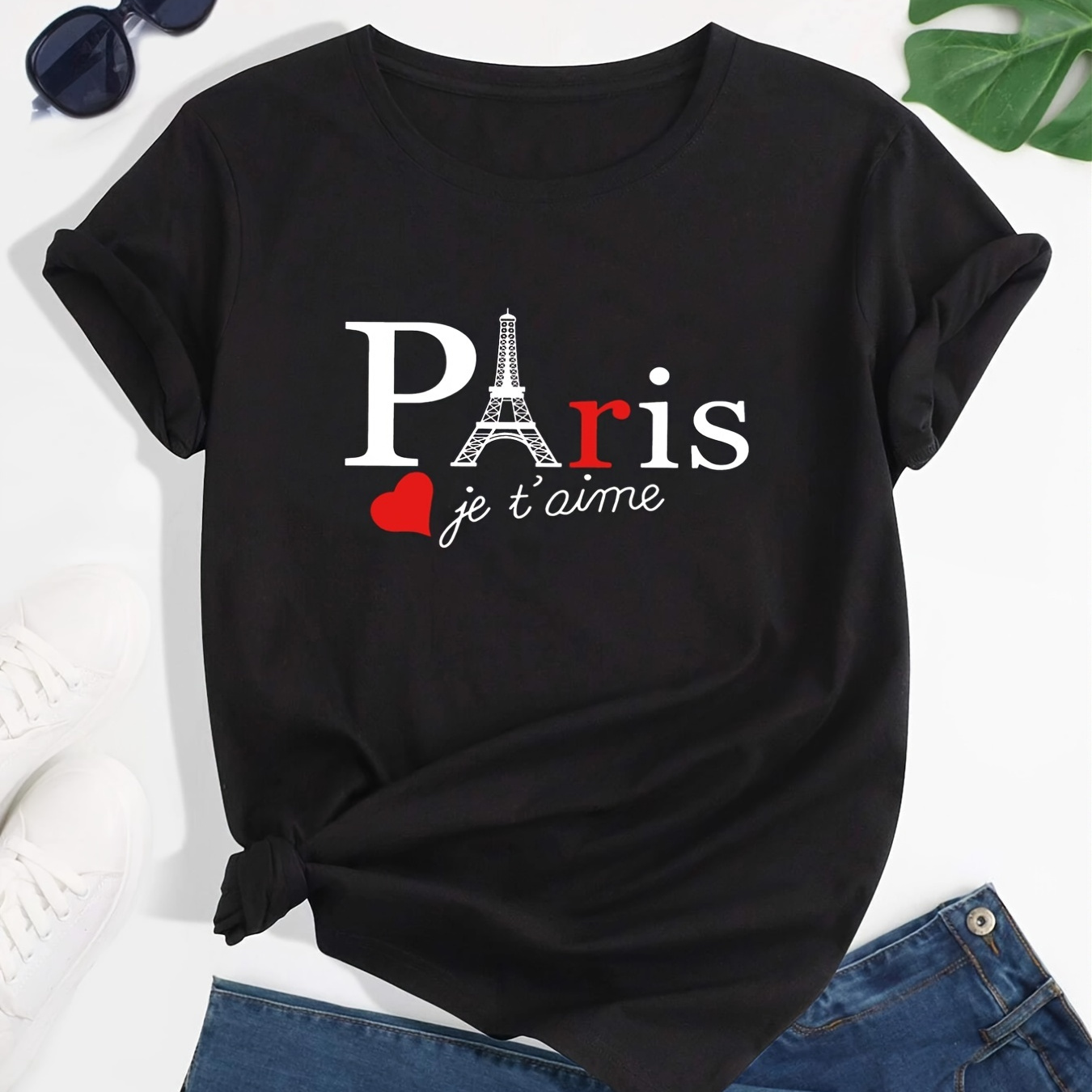 

Paris Letter Print Crew Neck T-shirt, Casual Short Sleeve T-shirt, Casual Every Day Tops, Women's Clothing