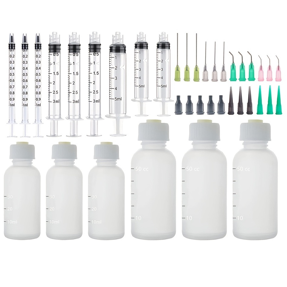 

15pcs 1ml, 3ml, 5ml, Syringes And Needle Tip Bottle With 14ga 16ga 18ga 20ga Blunt Tip Needles And Caps For Measuring Liquids And Refilling, Glue Applicator Or Oil (30ml+50ml Needle Tip Bottle Set)