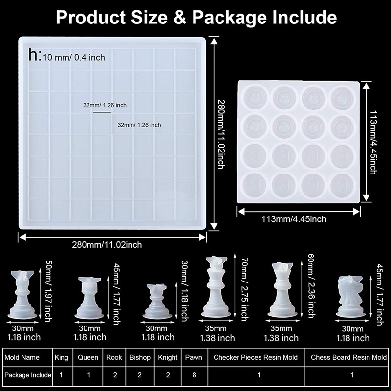 Let's Resin Chess Set Molds with 16 Piece 3D Full Size Chess Checkers & Chess Board Epoxy Silicone Resin Molds