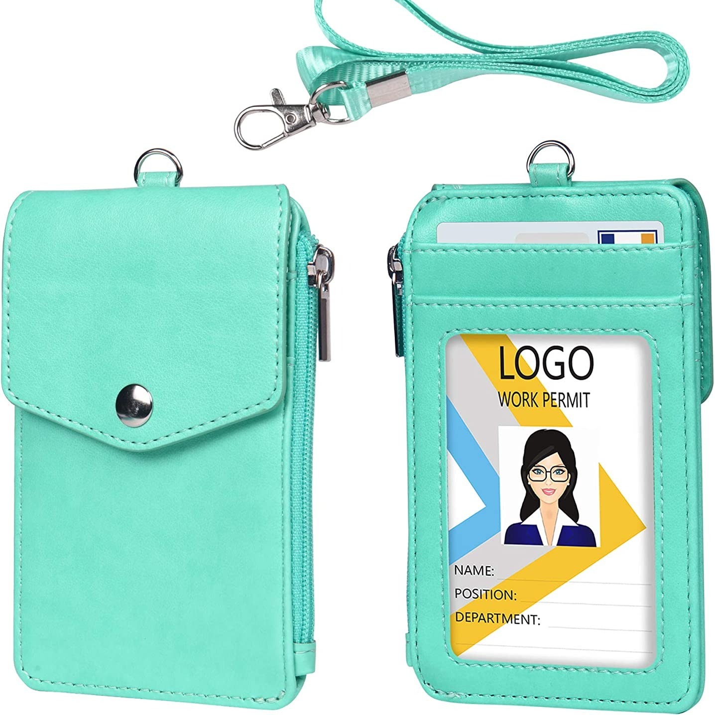 Black Lanyards for Id Badges, Pu Leather ID Badge Card Holder Wallet with 1  Clear ID