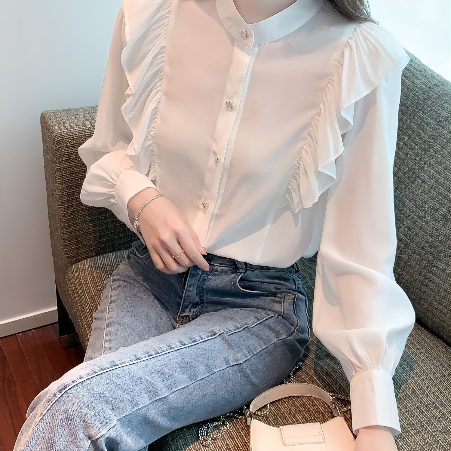 Pleated Square Neck Ruffle Cuff Blouse Elegant Long Sleeve - Temu