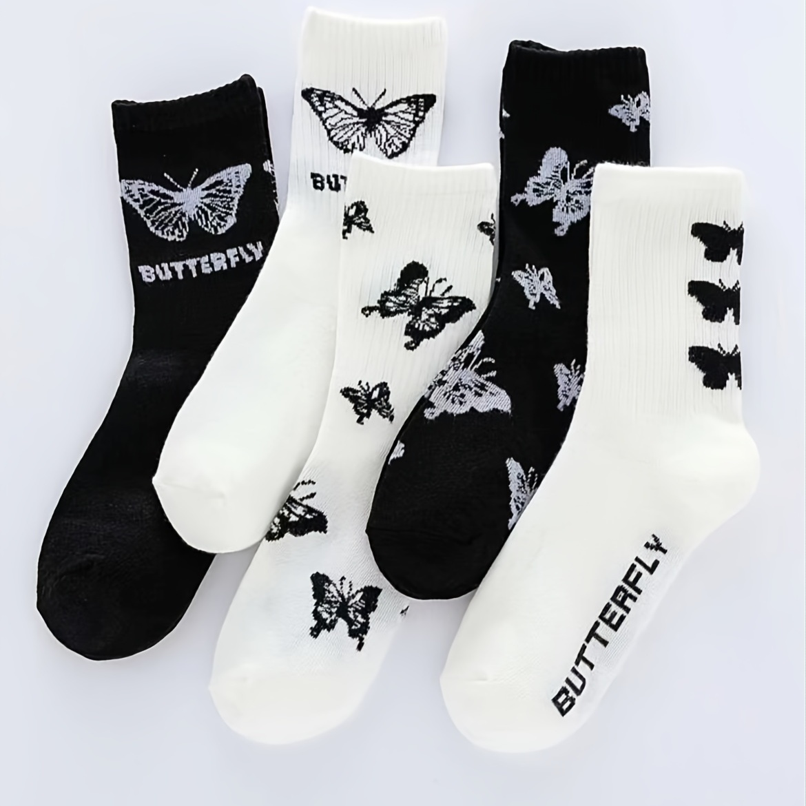 

5 Pairs Butterfly Graphic Print Crew Socks, Comfortable & Breathable Mid Tube Socks, Women's Stockings & Hosiery