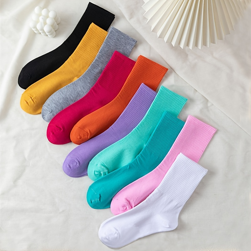 

10 Pairs Sweet Macaron Solid Color Crew Socks, Lightweight & Comfy Mid-tube Socks, Women's Stockings & Hosiery