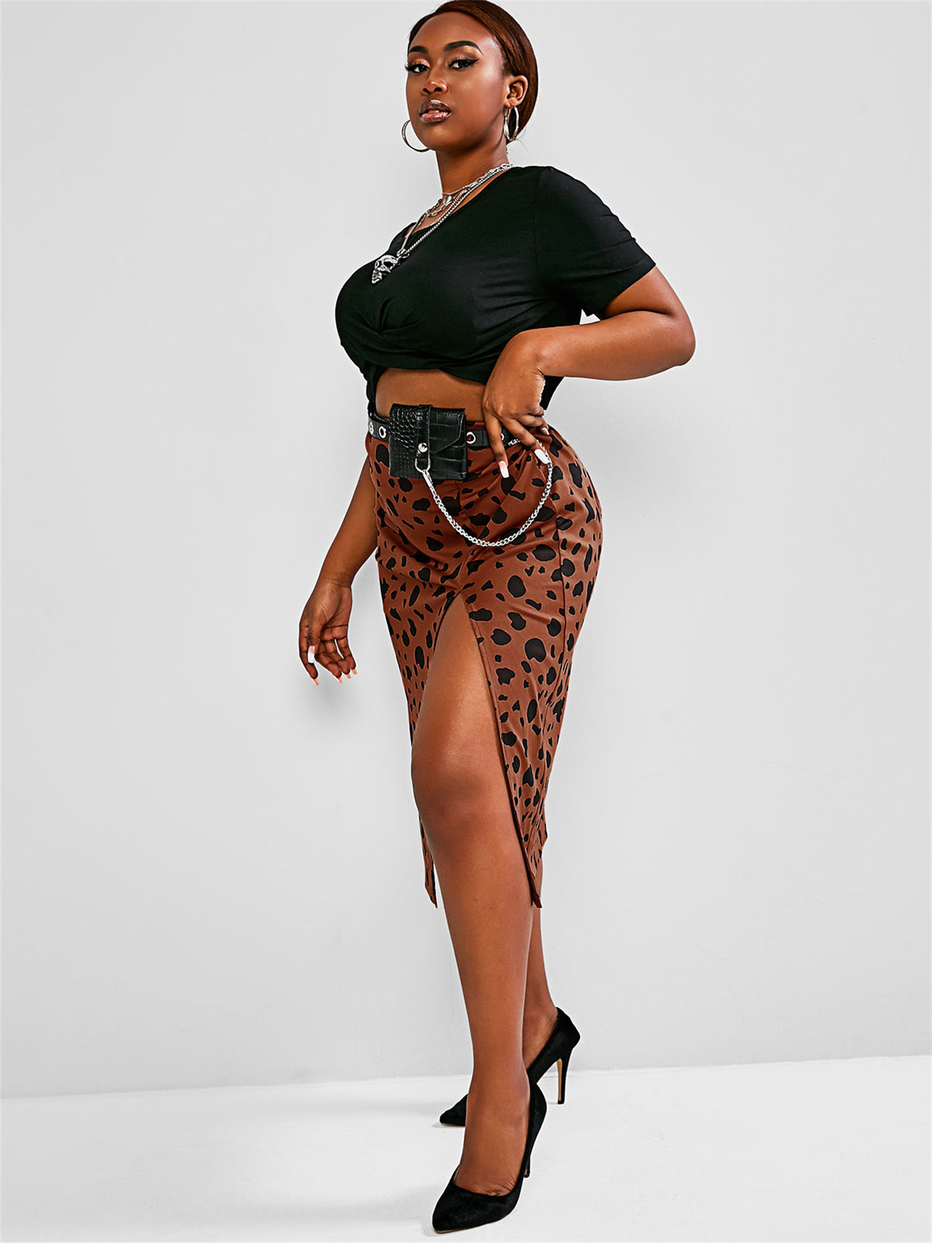 Retro elegant y2k leopard print slit high waist mid-length half-body skirt  temperament hundred with slimming thin A word skirt