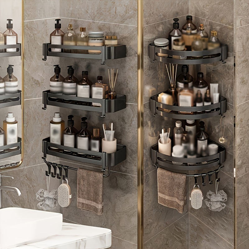 2 Pack No Drill Bathroom Shelves With Towel Holder Shampoo Storage Rack Bath Corner Shelf Shower