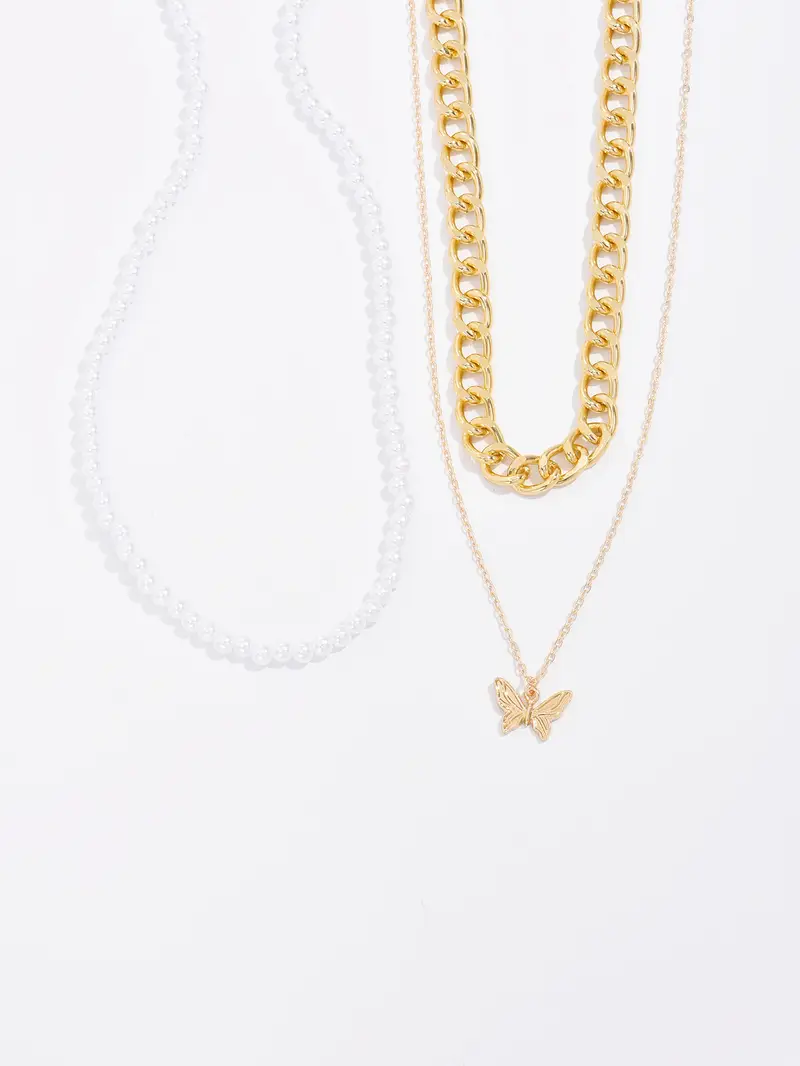 Punk Faux Pearl Cuban Chain Necklace Multilayer Metal - Temu