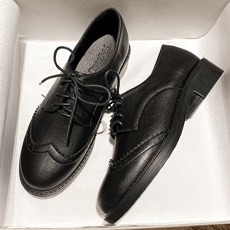  Women's Classic Oxfords Shoes Round Toe Leather Low Block  Heels Lace-Up Slip-On Non-Slip Flats Work Office Dress Oxford Shoes Black  US Size 6