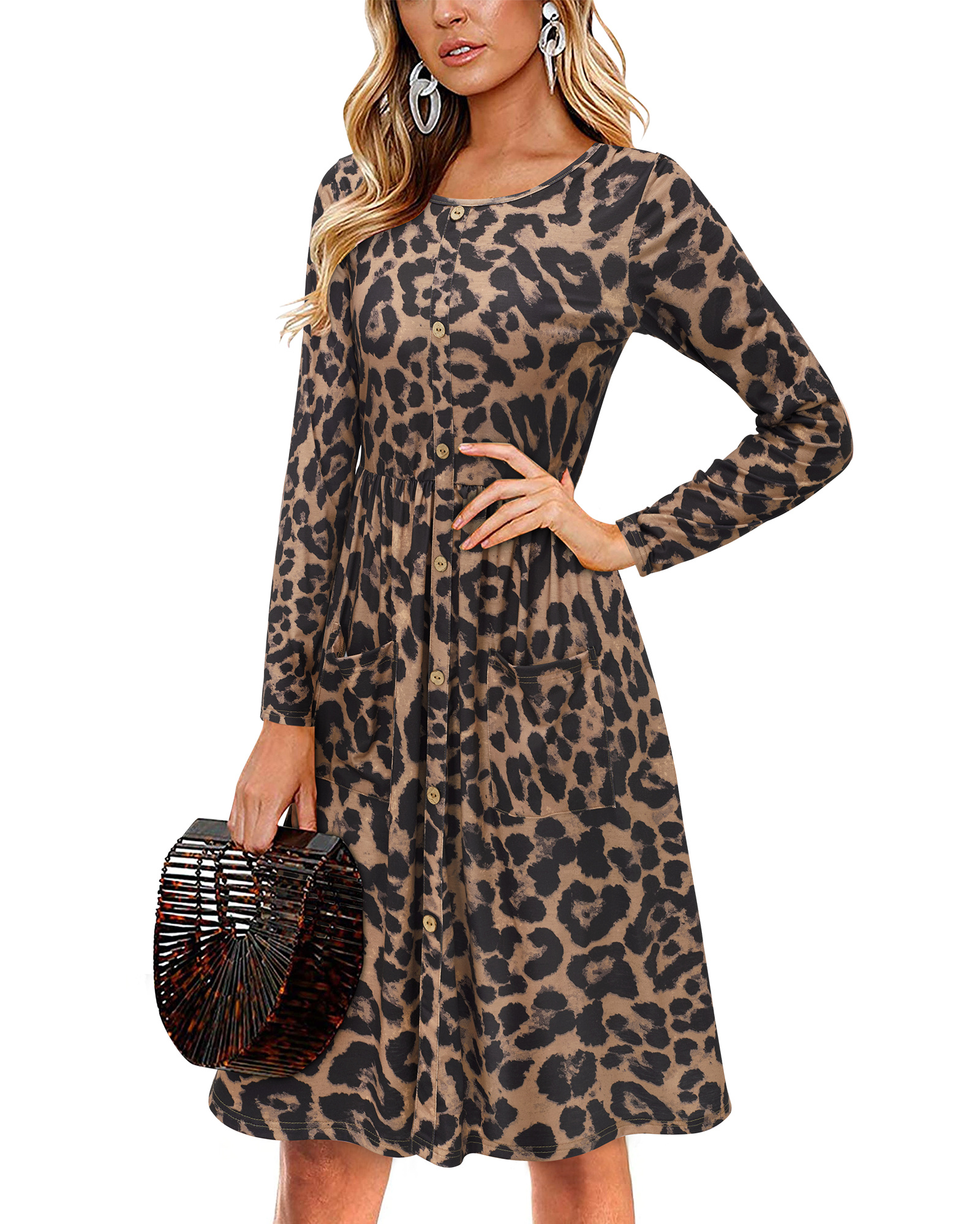 Leopard Print Long Sleeve Shirt Dress with Contrast Trim