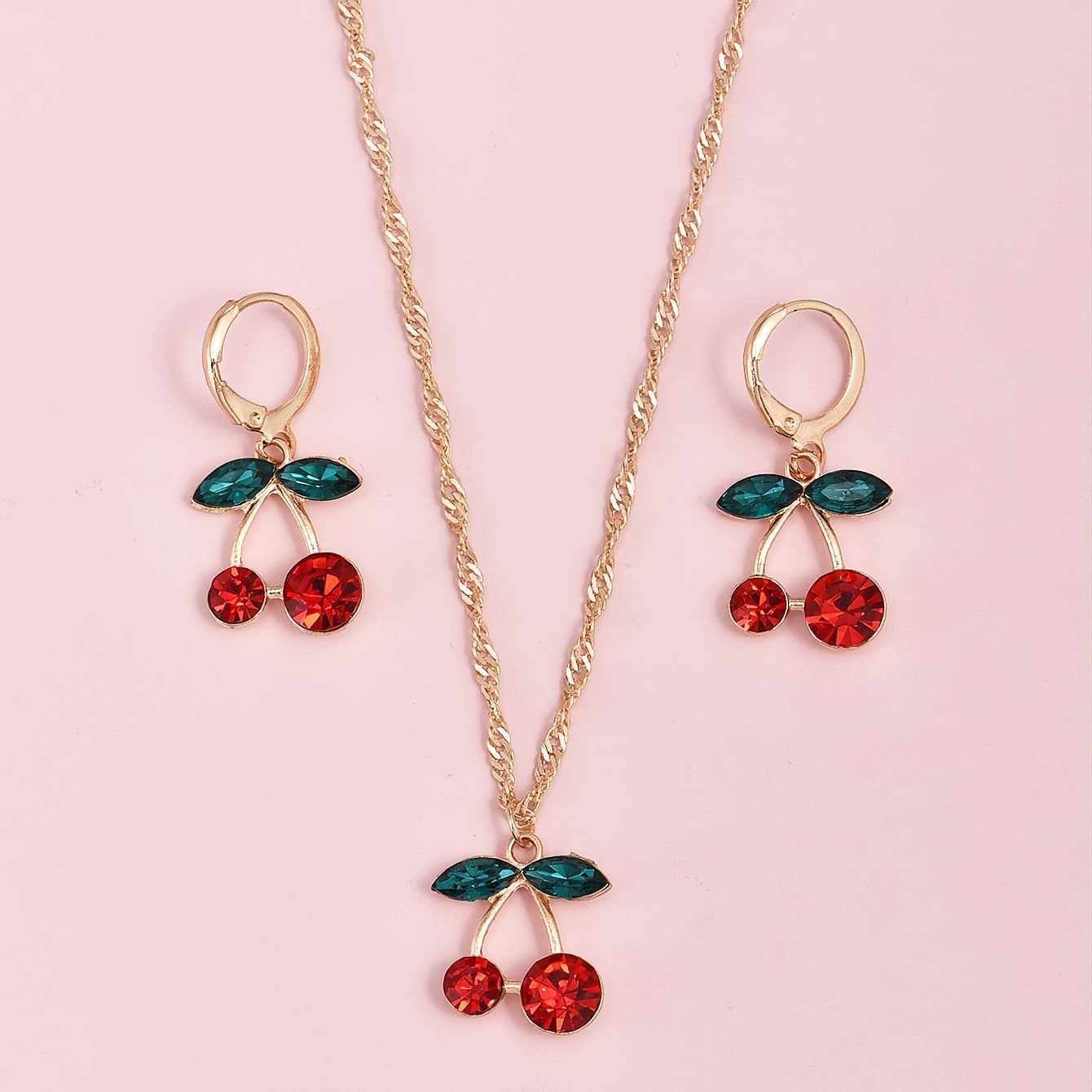 

Sweet Cherry Crystal Pendant Necklace & Earrings Set Exquisite Fruit Golden Chain Jewelry Set Gift
