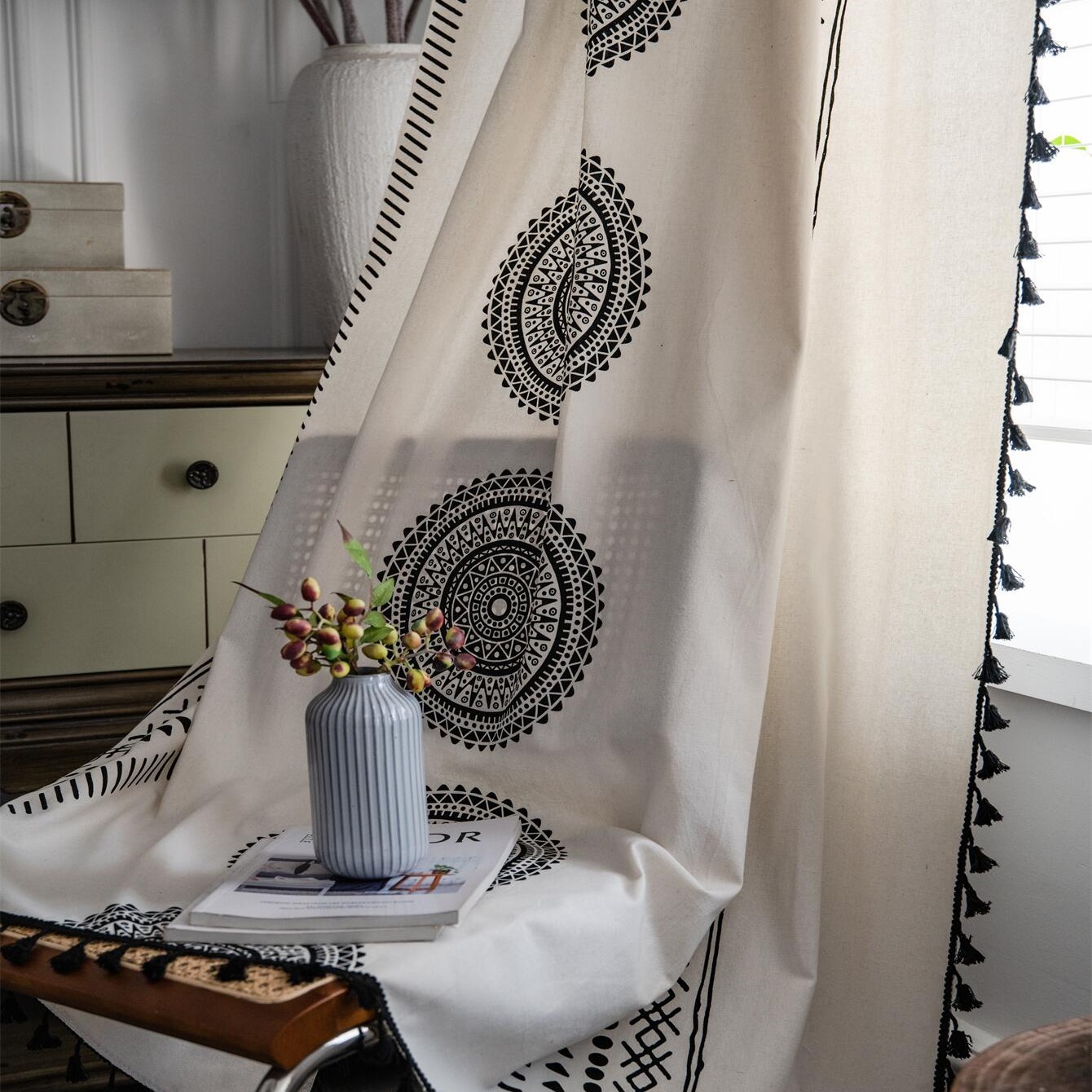 Boho Linen Geometric Print Semi-blackout Cream Curtain, With Black