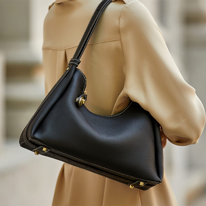 Metallic Detail Black Pu Leather Zipper Baguette Bag, Fashionable Casual &  Elegant Women's Shoulder Bag