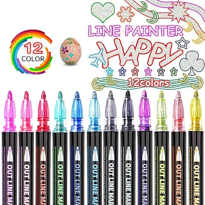 12 Colors/Set Writing Drawing Pens, Double Line Outline Pen Bullet Journal  Pens, Colored Permanent Marker Pens, Signature Check-in Pen Color Handbook