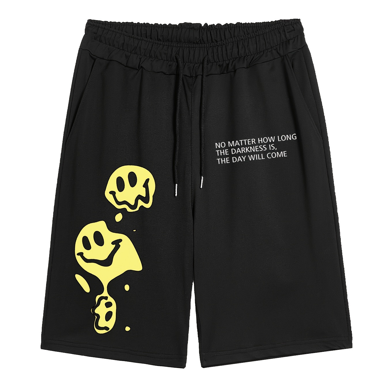 Men's Plus Size 'NO MATTER HOW LONG THE DARKNESS IS...' Melt Smiley Print Drawstring Flat Front Active Shorts Plain Color Oversized Elastic Short Sports Pants For Spring Summer, For Big And Tall Guys