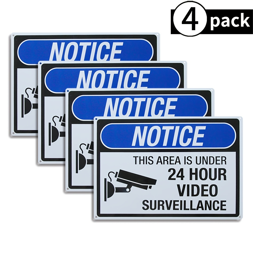 4pcs/pack 24 Hour Video Surveillance Sign No Trespassing Signs,Large Metal10"x14" Rust Free,Aluminum Uv Printed,4 Pre-drilled Holes.Durable/Weatherproof For House And Office