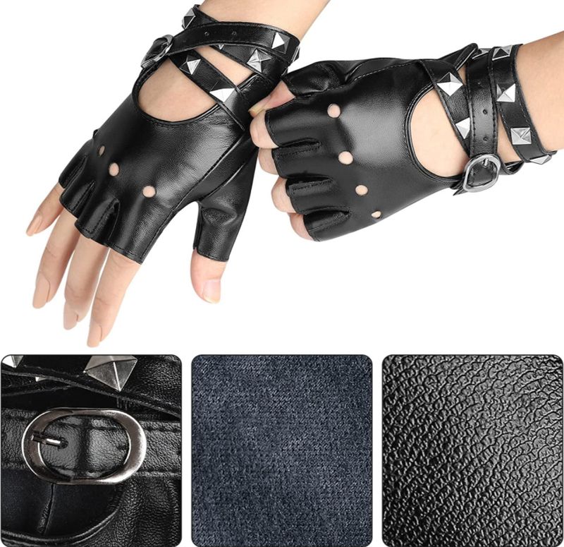 1pair Women Punk Rivets Belt Half Finger Gloves Fingerless Pu