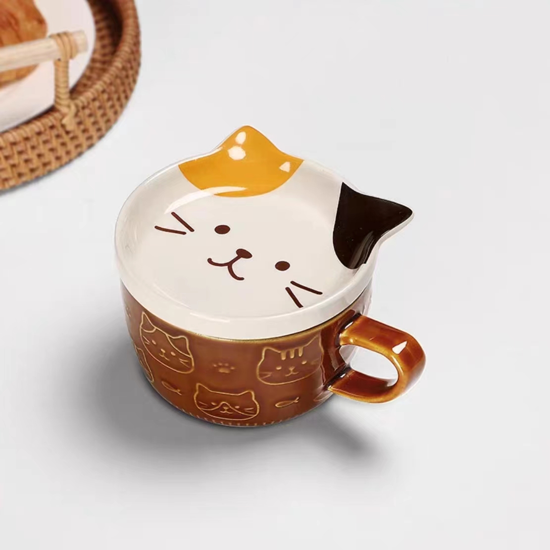 1pc 12oz Cat Mugs Cute Ceramic Coffee Cups with Kawaii Bamboo Lid