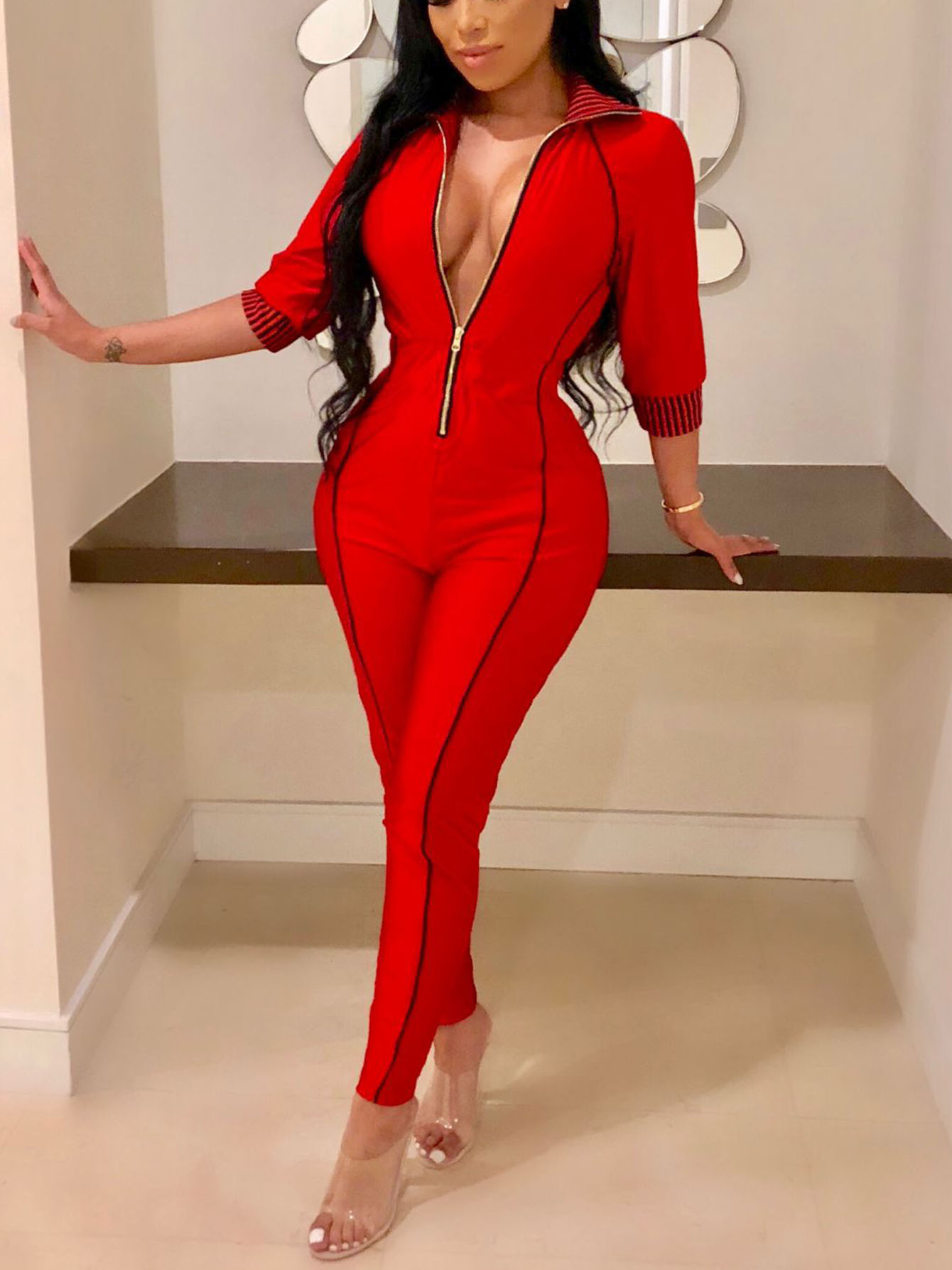 Women Summer Sexy Sleeveless Fashion Prints Waist Skimming Jumpsuit Long  Sleeves Body Suit Tops for Women (Red, M)