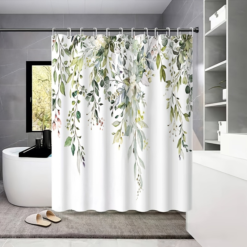 

1pc Watercolor Green Sage Leaves Shower Curtain - Soft Fabric With Eucalyptus And Floral Design For A Relaxing Bathroom Experience , Home Decor