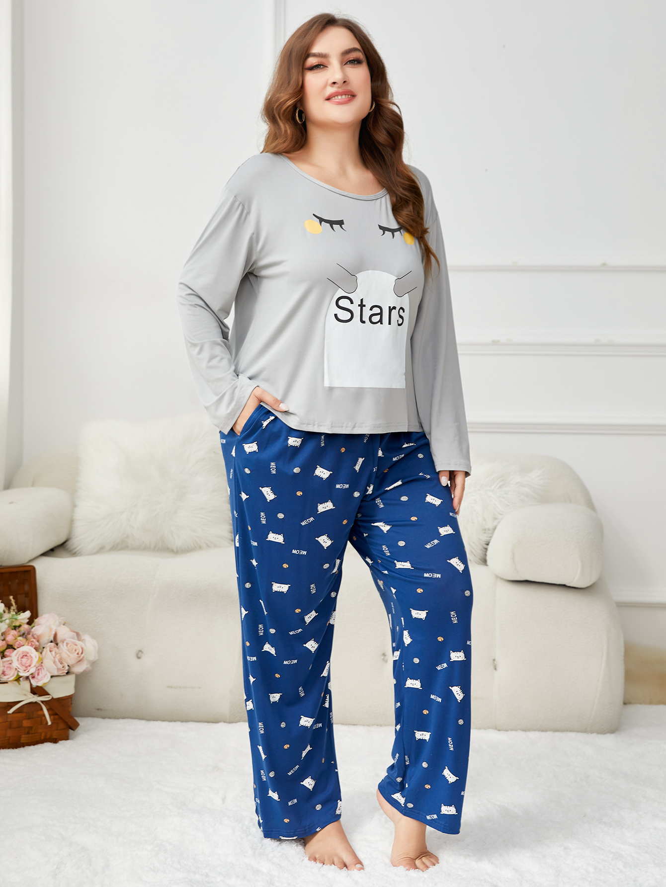 Plus Size Cute Pajama Set Women's Plus Cat Print Short - Temu