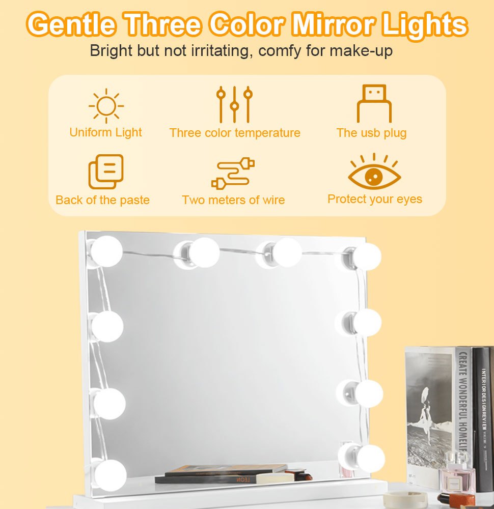 Anpro Luces LED Kit de Espejo con 10 Bombillas regulables,3 Modos Ajustable  de Color de Luz,Luz Espejo Maquillaje,Tocador,Espejo,Baño,Regalo para  Fiesta,Cumpleaños,Aficionados de Maquillarse
