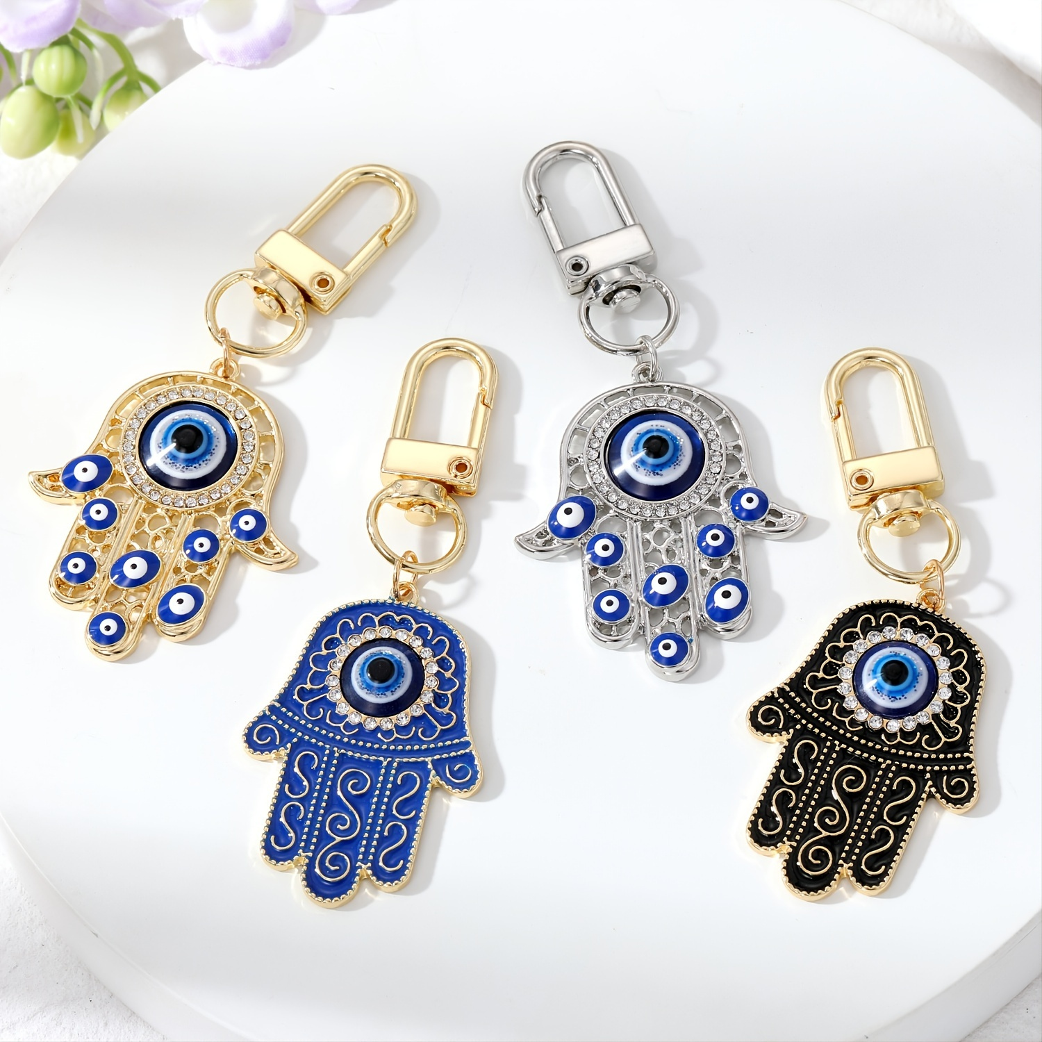 

Bling Hollow Evil Eye Keychain Key Ring For Women Zircon Fatima Hand Blue Eye Bag Car Earphone Case Key Accessories