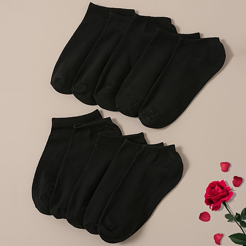 

10pairs Men's Black Plain Color Ankle Socks, Breathable Athletic Socks