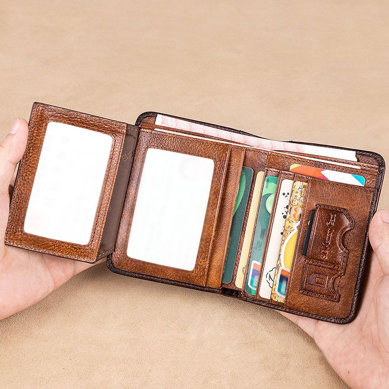 Genuine Leather Rfid Wallets For Men Vintage Thin Short Multi Function ID Credit Card Holder Money Bag Give Gifts To Men On Valentine's Day details 9