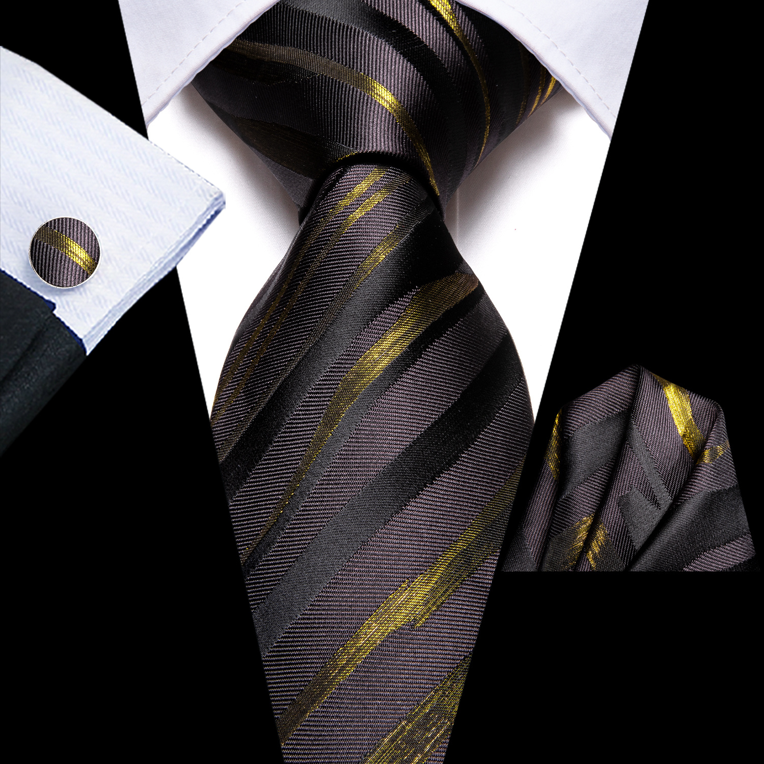 Striped Necktie Set With Cufflink for Party Wedding