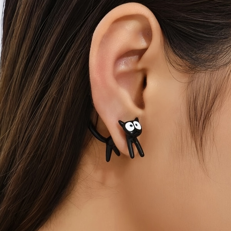 

Cute Black Cat Front And Back Stud Earrings For Women Creative Gift 1pair