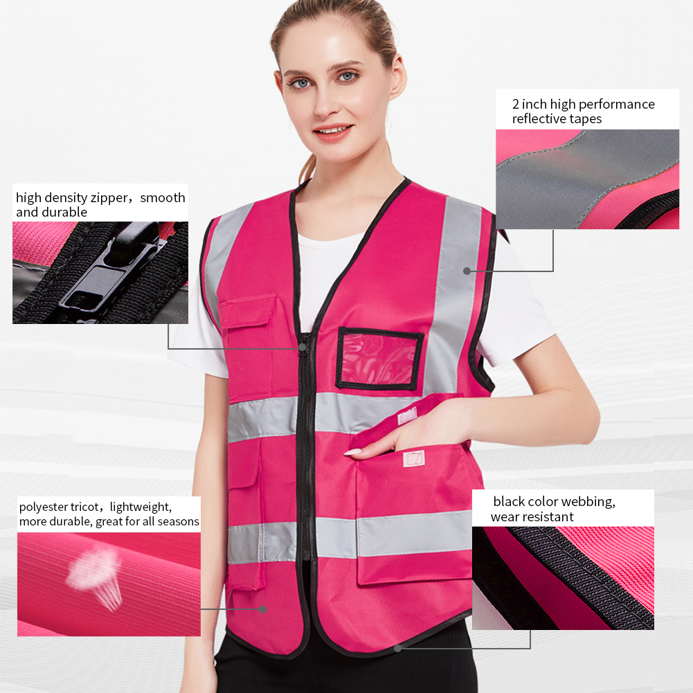 Chaleco de seguridad rosa de alta visibilidad para mujer, chaleco de alta  visibilidad con cremallera y bolsillos, chaleco de construcción pequeño con