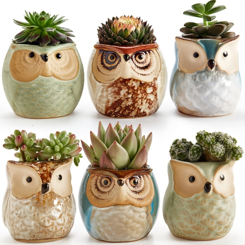 

6pcs/set Owl Pot Ceramic Flowing Glaze Base Serial Set Succulent Plant Pot Cactus Plant Pot Flower Pot Container Planter With Drainage Hole Home Office Desk Garden Gift, 2.4cm/2.4inch