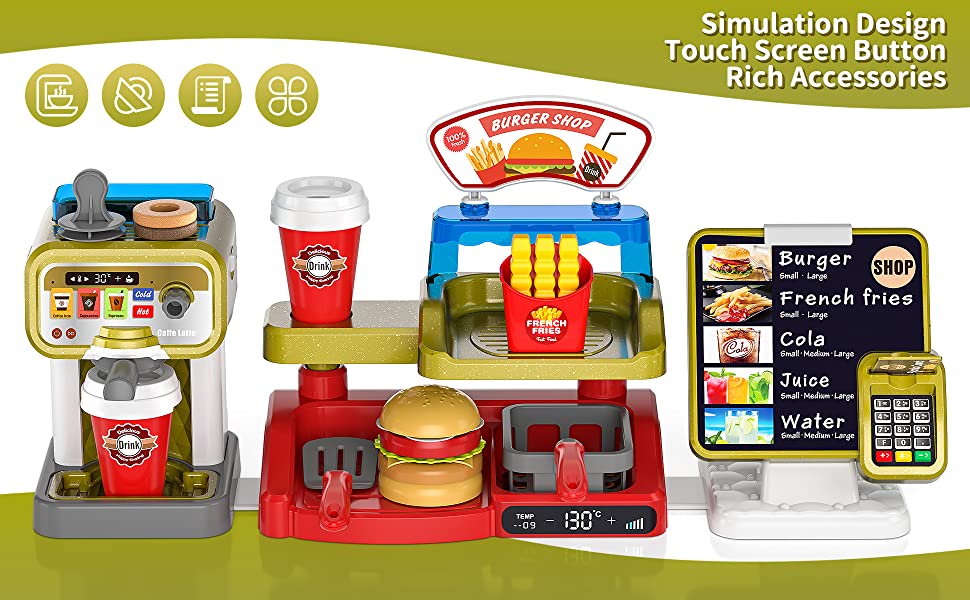 Kitchen Playset Coffee Maker Burger Shop Touch Screen - Temu