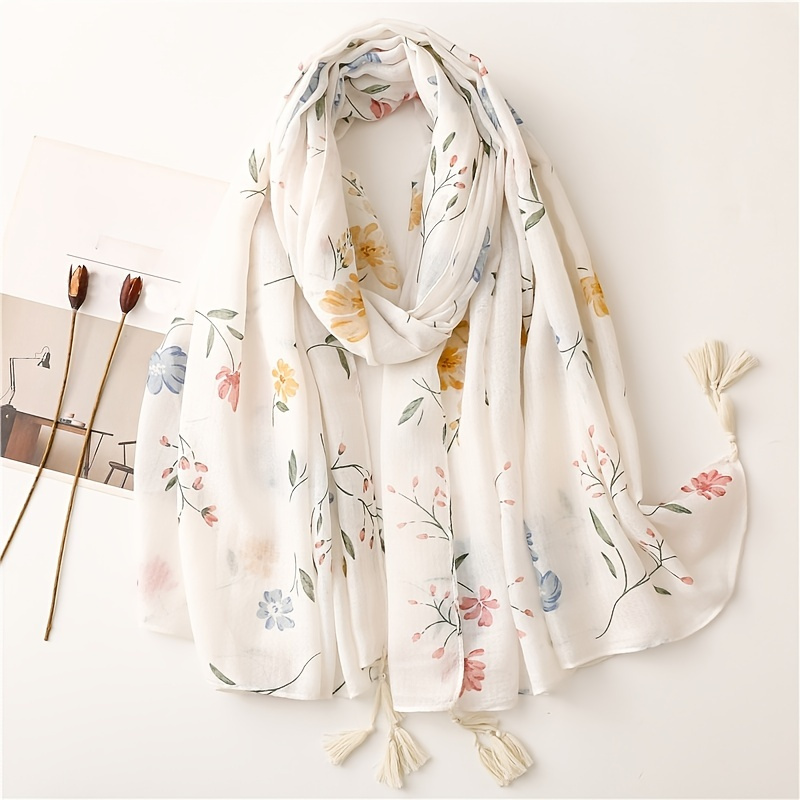 

Floral Print Scarf Tassel Warm Linen Shawl Scarf Long Lightweight Sunshade Shawls For Women