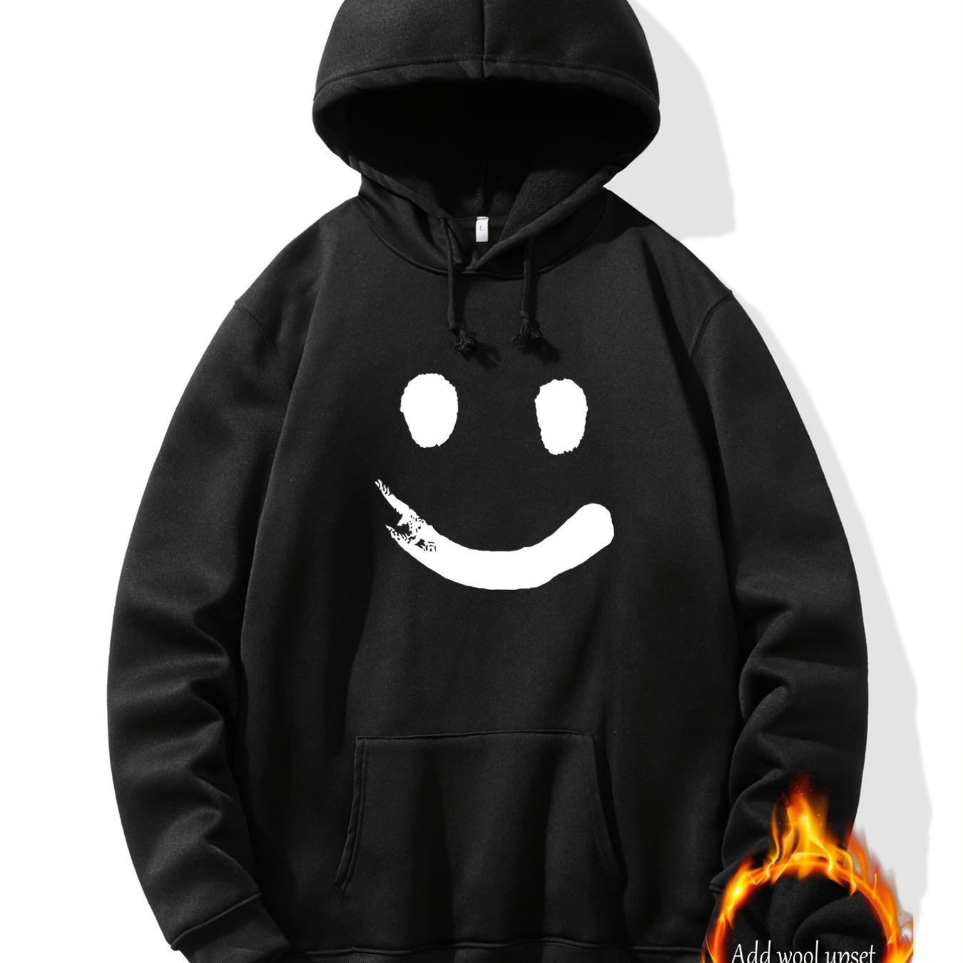 

Men's Smile Print Fleece Hoodie, Casual Drawstring Hooded Sweatshirt With Front Kangaroo Pocket, Long Sleeve Top, Men's Clothes, Fall Winter