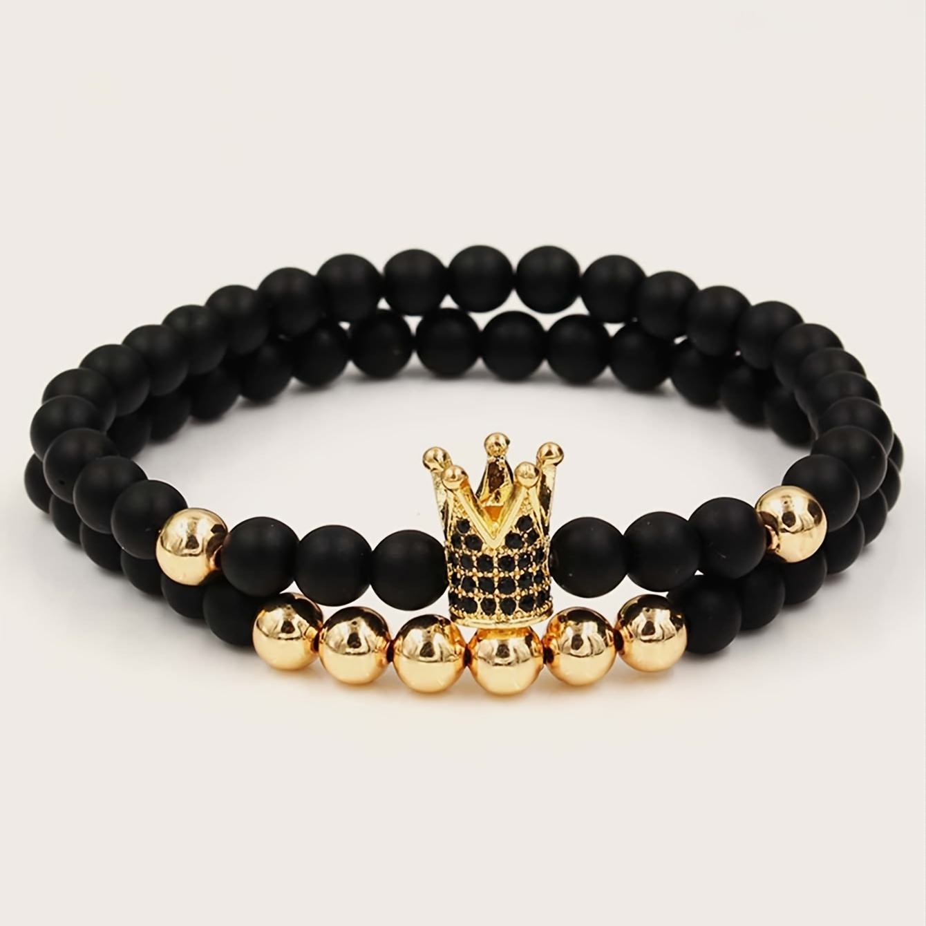 

2pcs/set Creative Men's Geometric Bracelet With Frosted Stone And Crown