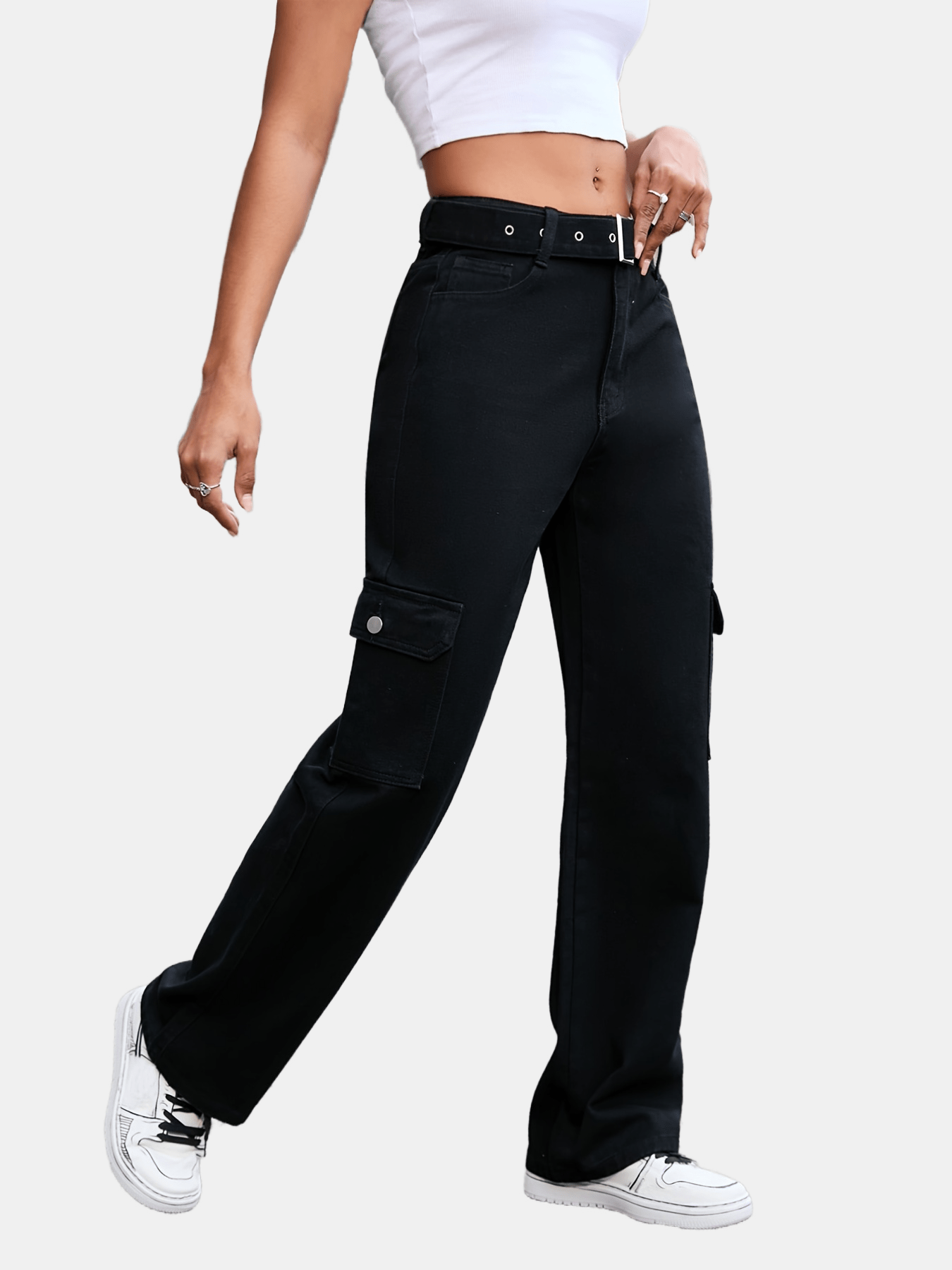 Plain Elastic Waist Straight Jeans Loose Fit Flap Pockets - Temu