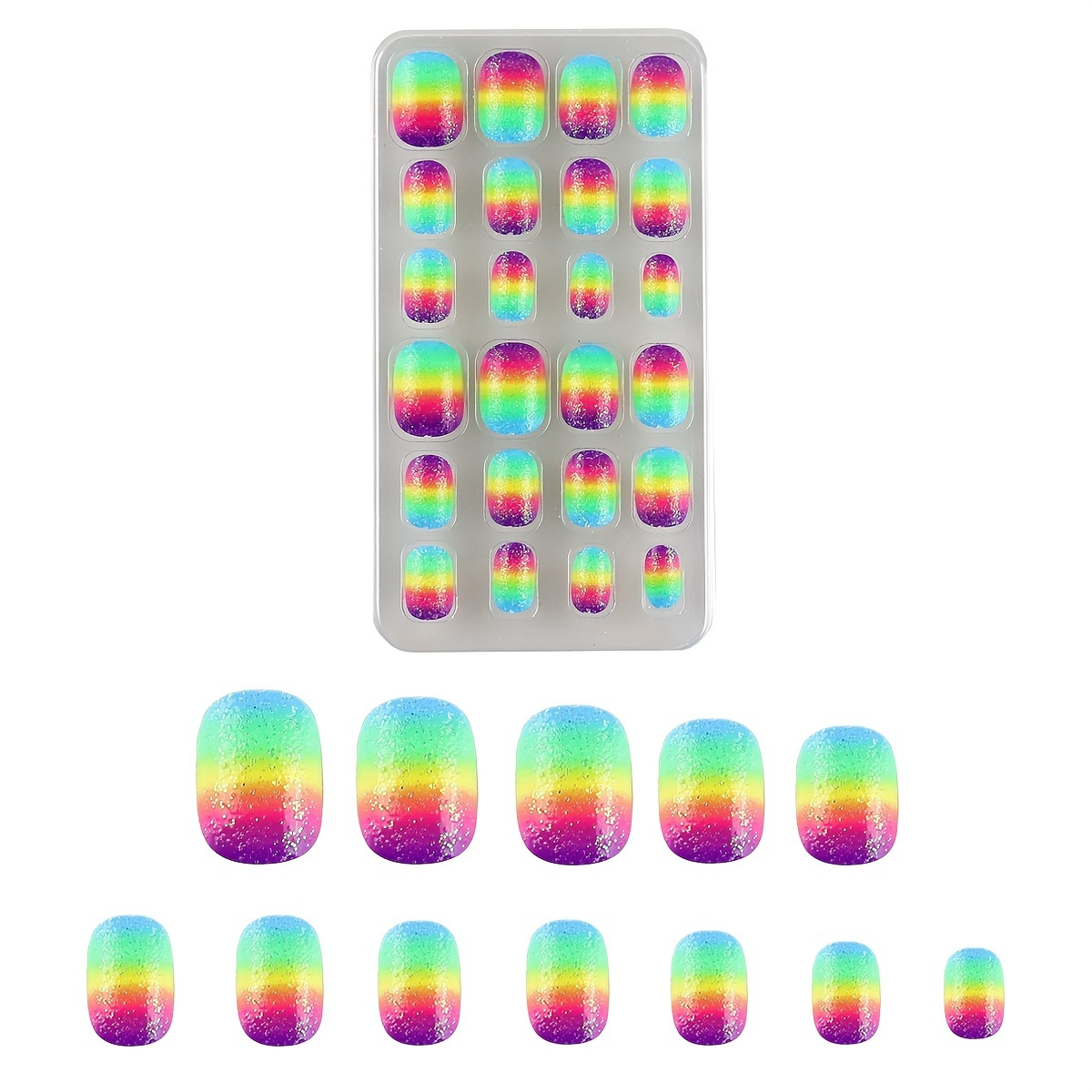 

24pcs Vibrant Rainbow Gradient Press-on Nails Set For - Short Oval, Full Coverage, With Sparkling Glitter Acrylic Tips - , Easy-to-apply False Nails - Ideal Gift For Little Girls