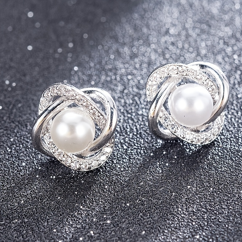 

Elegant Dainty Zirconia Stud Earrings Inlaid Faux Pearl Design For Women 1pair