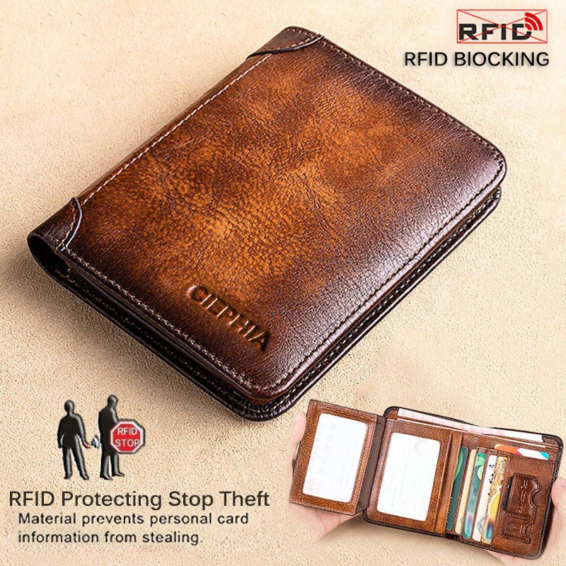 Genuine Leather Rfid Wallets For Men Vintage Thin Short Multi Function ID Credit Card Holder Money Bag Give Gifts To Men On Valentine's Day details 2