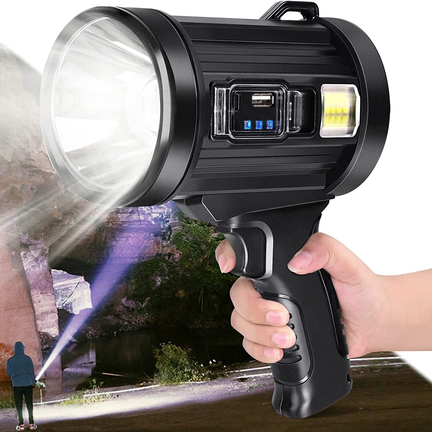 Rechargeable Handheld Spotlight With Solar Panel Perfect For Hunting,  Camping, And Boating Temu Malaysia