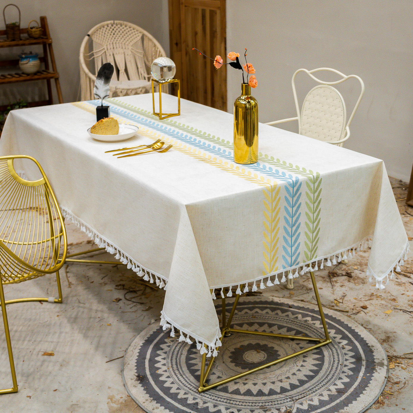 Embroidered Linen Table Cloth With Tassel Kitchen Dinner - Temu