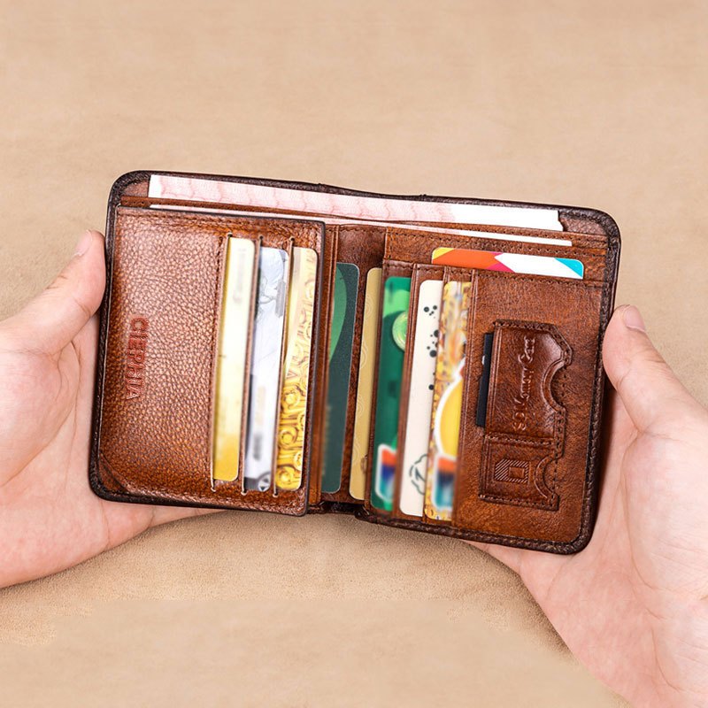Genuine Leather Rfid Wallets For Men Vintage Thin Short Multi Function ID Credit Card Holder Money Bag Give Gifts To Men On Valentine's Day details 8