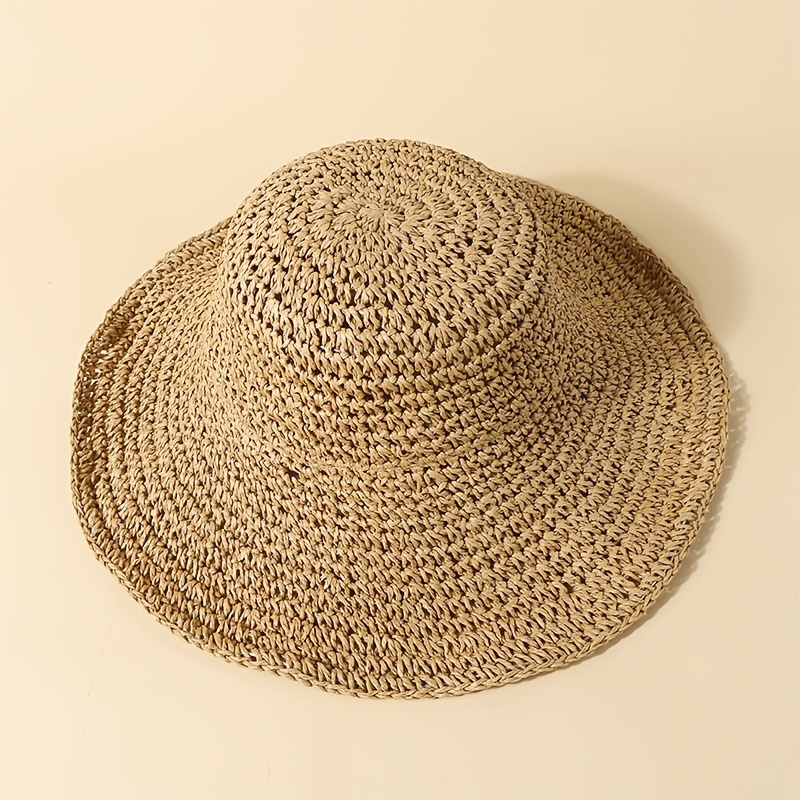 Womens Straw Bucket Hat Solid Color Crochet Big Brim - Temu Canada