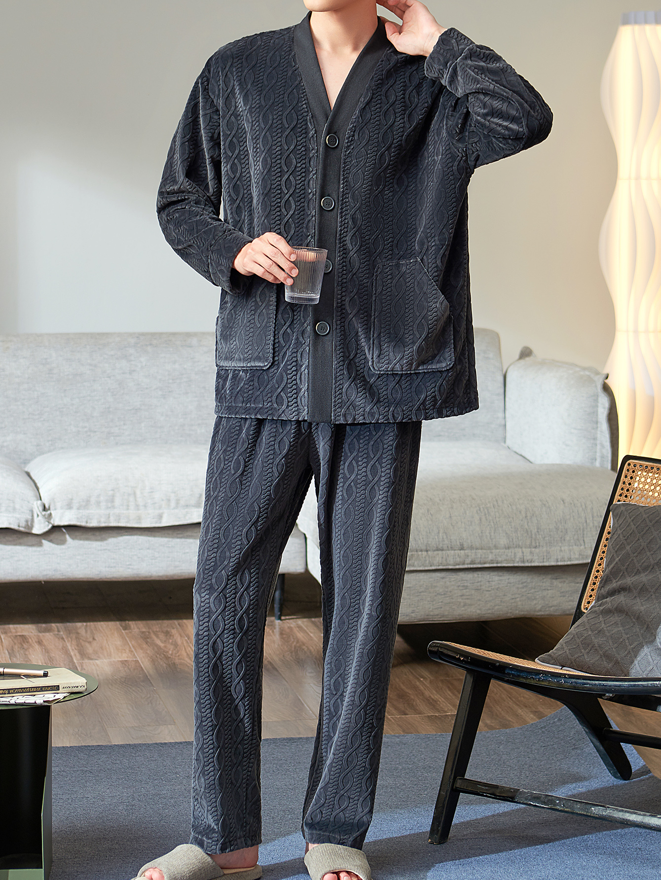 Men's Thermal Warm Thick Comfortable Pajama Sets With Pocket, Button Long  Sleeve Top & Pants, Men's Sleepwear Loungewear