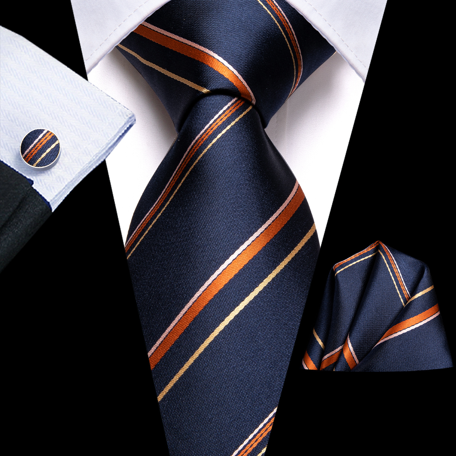 Striped Necktie Set With Cufflink for Party Wedding