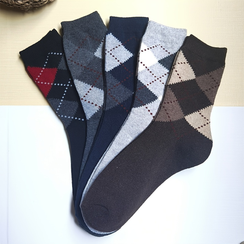 

5pairs Men's Cotton Argyle Color Block Sweat Resistant Anti-odor Comfortable Crew Socks, Multicolor Set