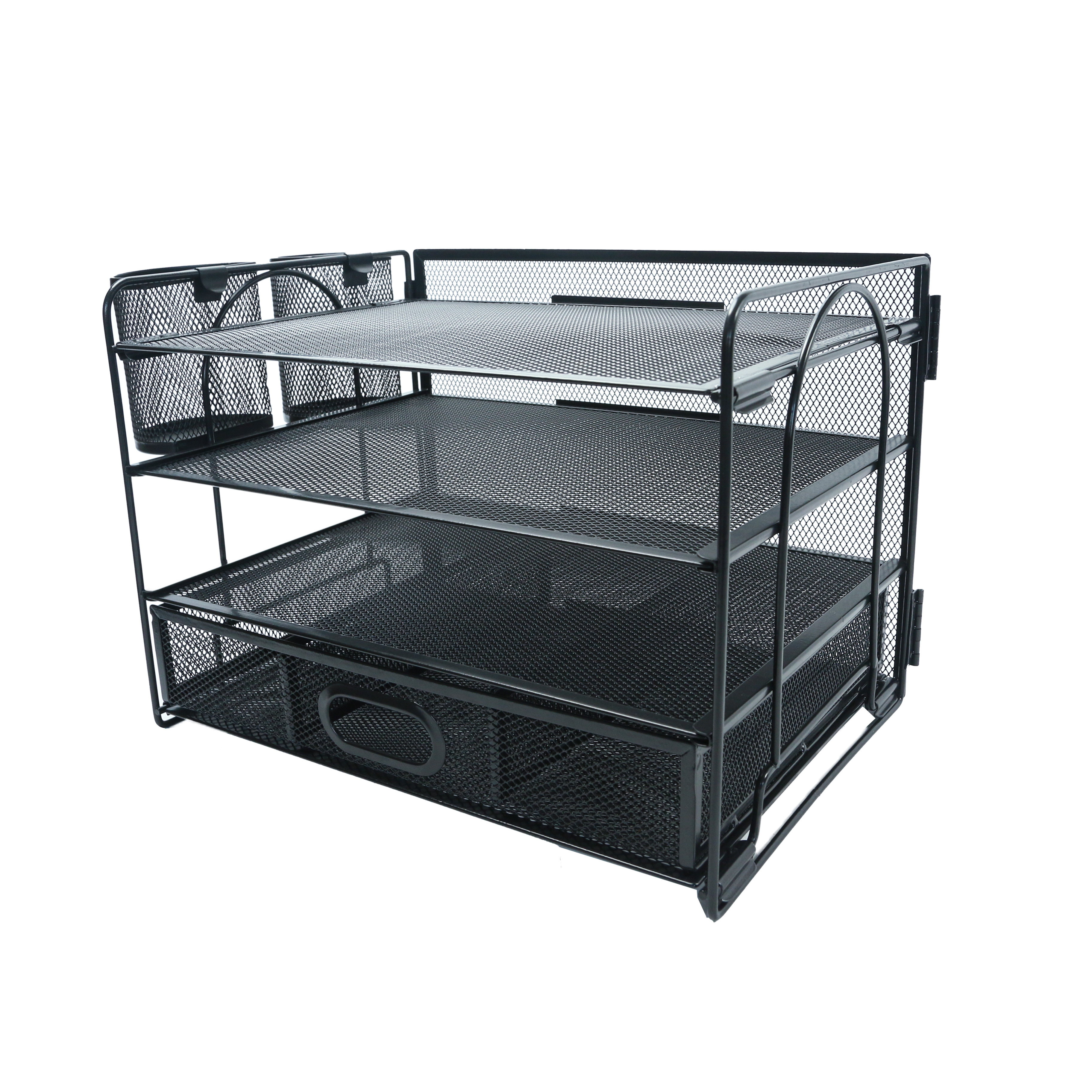 Image of 4-trays Desktop File Organizer With Pen Holder | Paper Letter Tray With Drawer And 2 Pen Holder | Mesh Office Supplies Desk Organizer (black)
